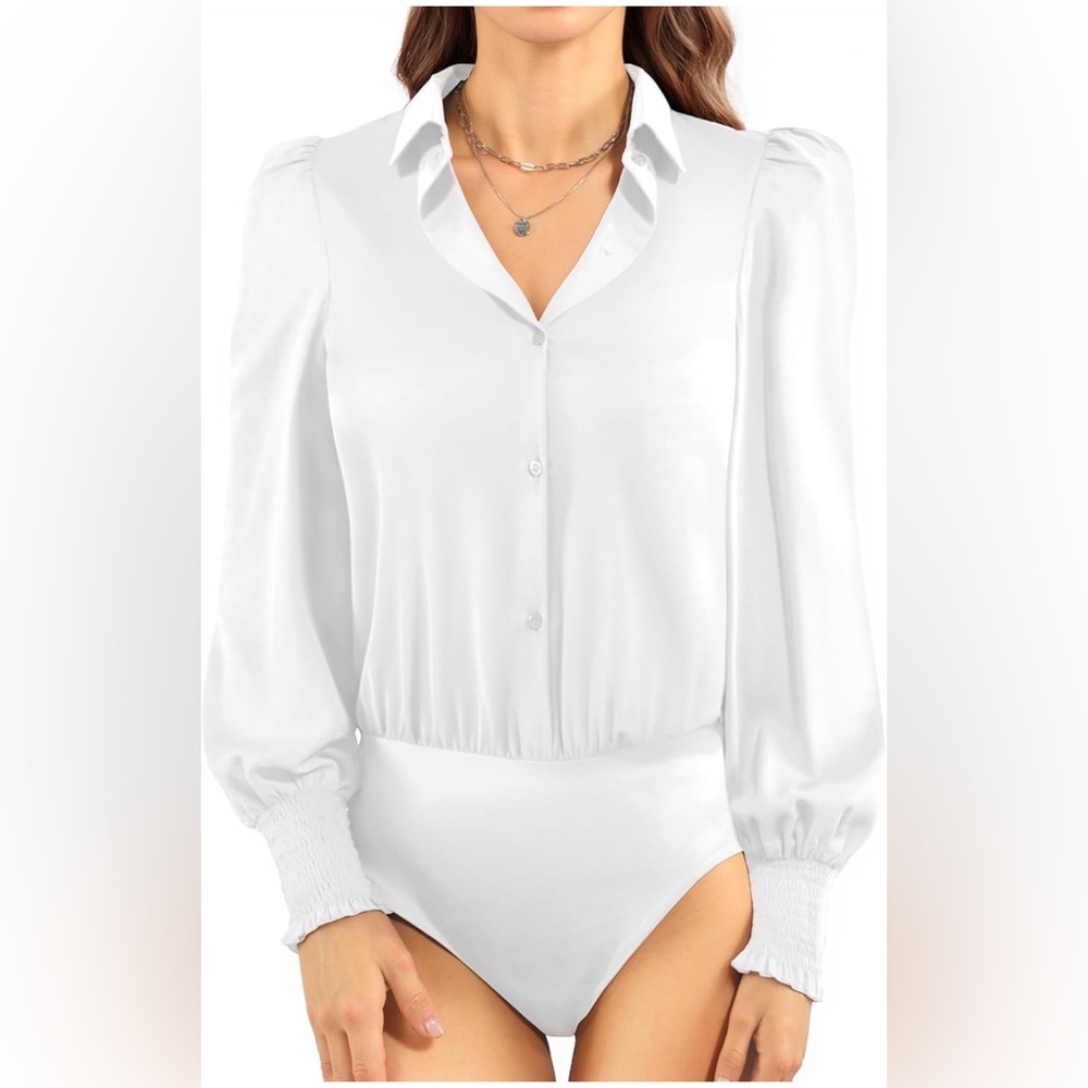 LIKE NEW Mangopop Long Sleeve Button Down Collared Bodysuit White Size M - Picture 11 of 14